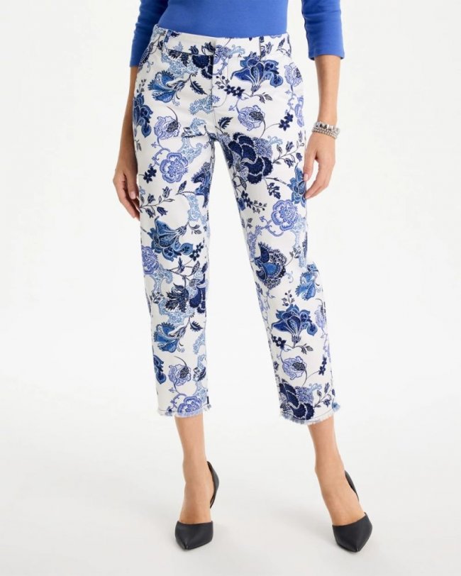Chicos Printed Relaxed Boyfriend Chino Fray Crop Pants - ALABASTER