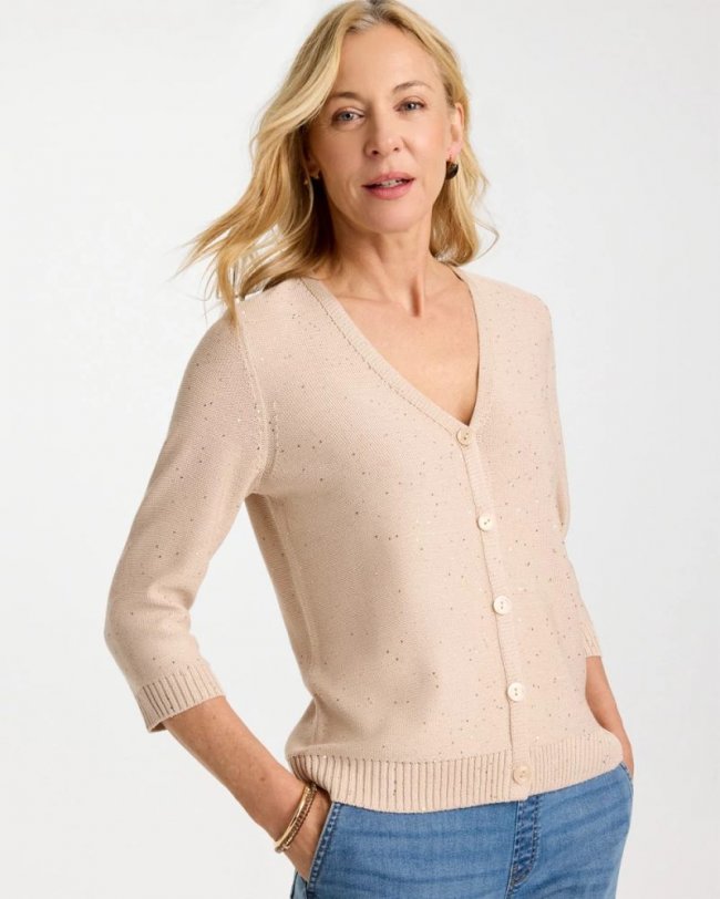 Chicos Stitchy Sequin V-Neck Cardigan - PALE SAND