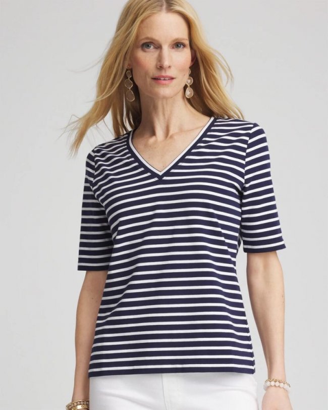 Chicos Striped V-Neck Perfect Tee - PASSPORT BLUE