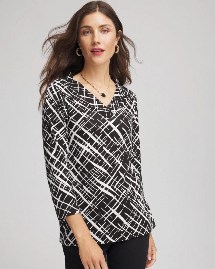 Chicos Printed Pima 3/4 Sleeve Tee - BLACK