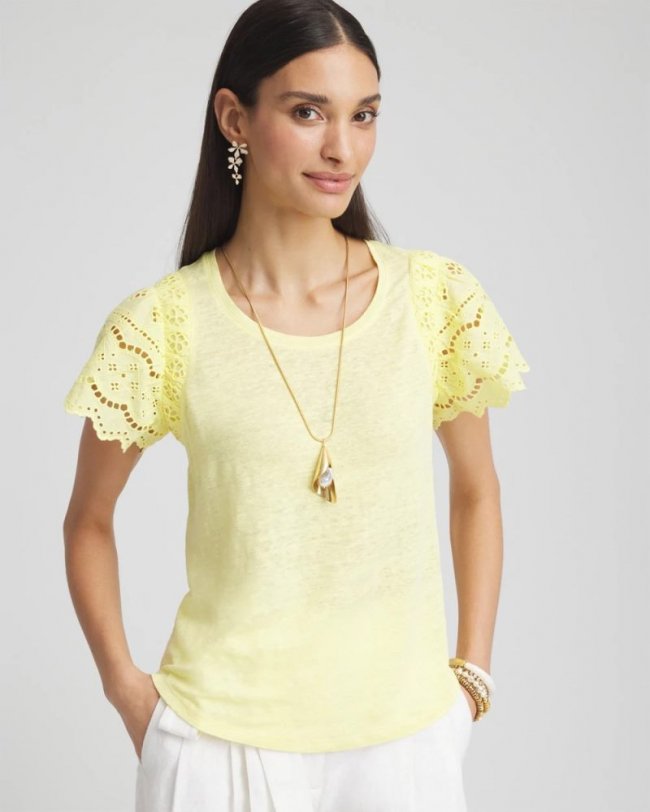 Chicos Linen Embroidered Lace Tee - BRIGHT YELLOW Chicos Linen Embroidered Lace Tee - BRIGHT YELLOW