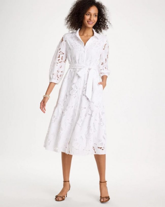 Chicos Lace Cutout Belted Shirtdress - ALABASTER