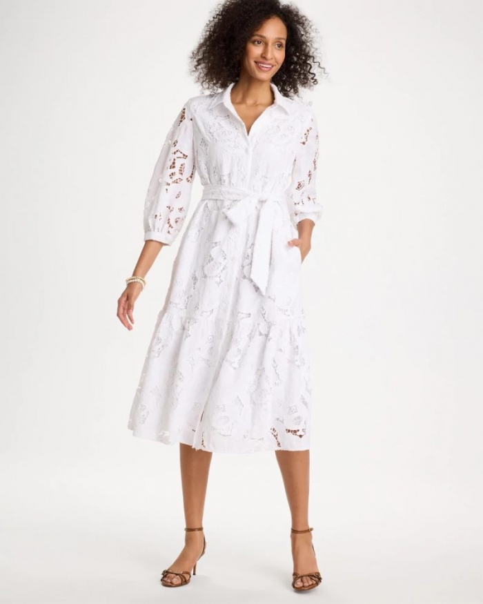 Chicos Lace Cutout Belted Shirtdress - ALABASTER