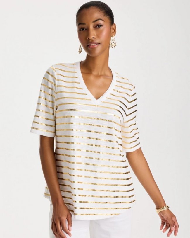 Chicos Striped Cotton Slub V-Neck Tee - ALABASTER