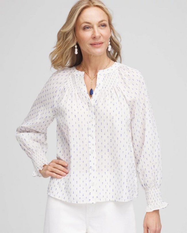 Chicos Smocked Split-neck Blouse - BLUE CASA