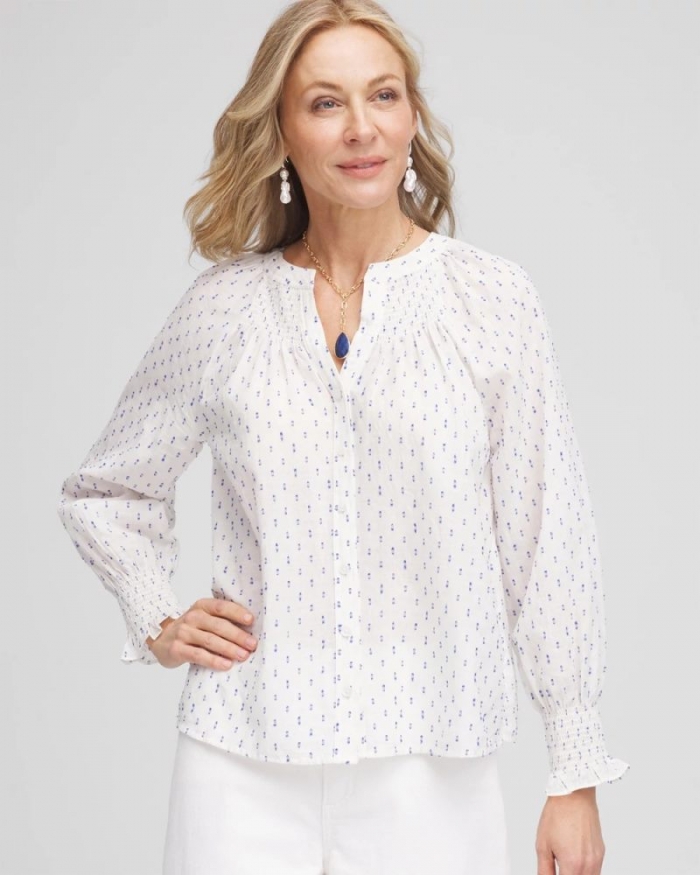 Chicos Smocked Split-neck Blouse - BLUE CASA