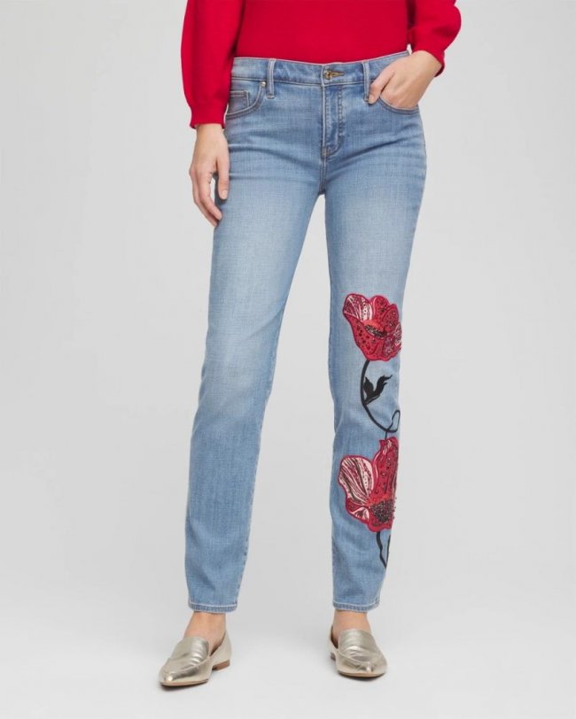Chicos Placed Floral Girlfriend Slim Ankle Jeans - POPPY INDIGO