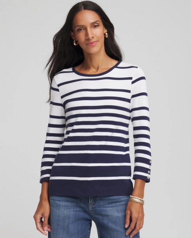 Chicos Pima Striped Button Sleeve Tee - PASSPORT BLUE Chicos Pima Striped Button Sleeve Tee - PASSPORT BLUE