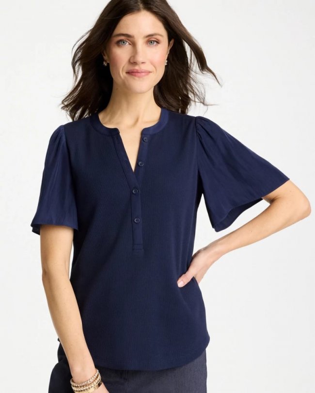 Chicos Rib Knit Woven Flutter Sleeve Tee - PASSPORT BLUE