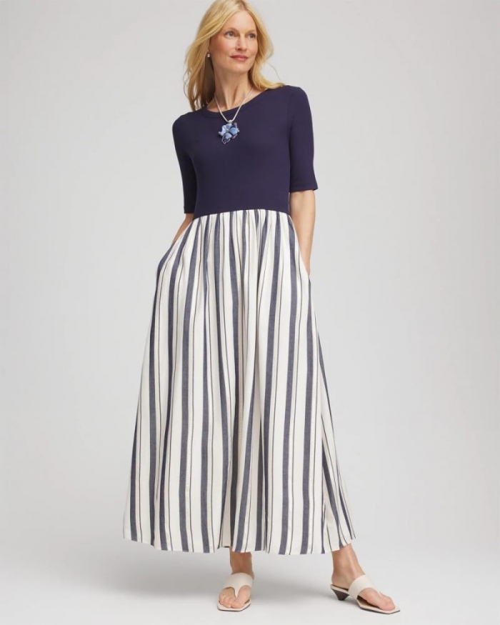 Chicos Mixed Metallic Striped Maxi Dress - ECRU