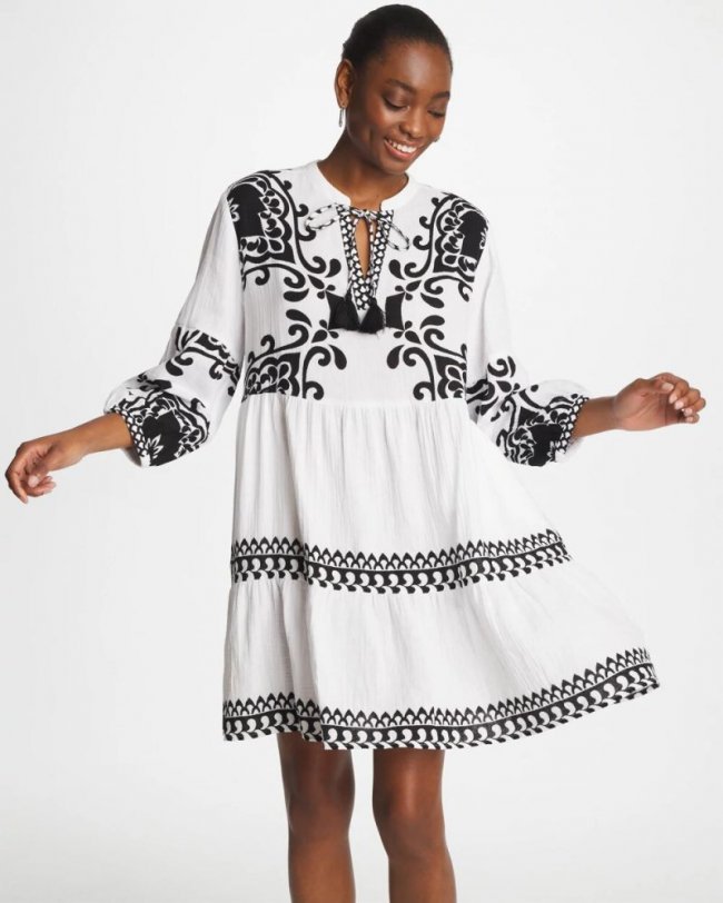 Chicos Woven Printed Swim Cover-Up Dress - ALABASTER