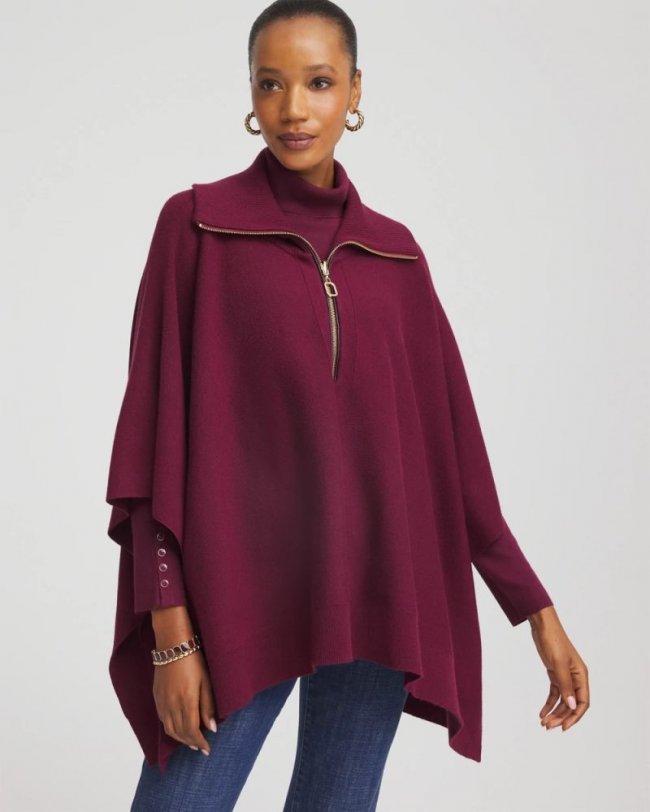 Chicos Cashmere-Blend Pullover Sweater Poncho - DEEP CHIANTI