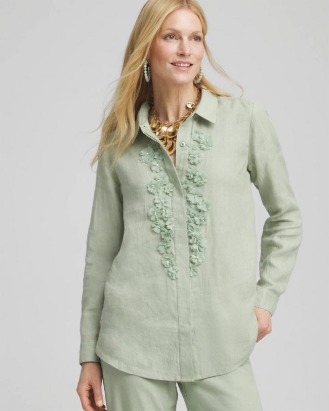 Chicos Floral Cutout 3D Linen Shirt - MOROCCAN MINT