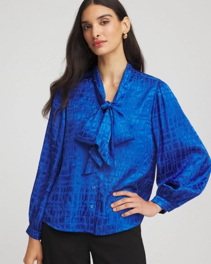 Chicos Jacquard Tie-Front Blouse - COBALT STONE