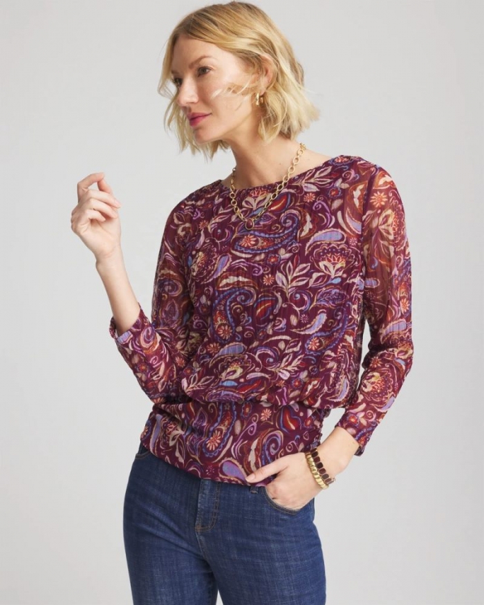 Chicos Paisley Textured Banded-Hem Top - DEEP CHIANTI