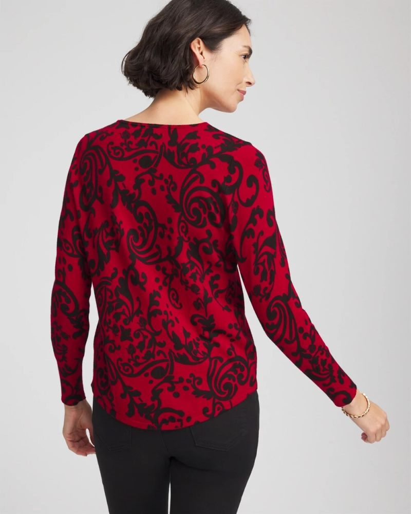 Chicos Ella Printed V-Neck Sweater - CARMINE RED
