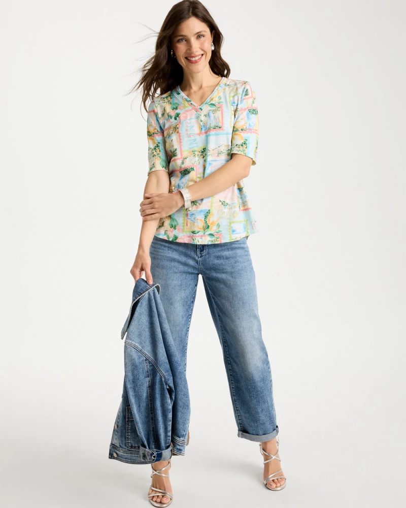 Chicos Limoni Dolci Cotton Slub V-Neck Tee - BONDI BLUE
