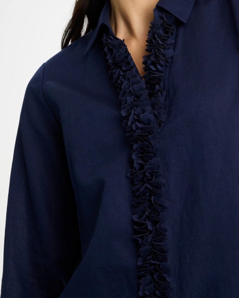 Chicos Linen Flower Embellished Blouse - PASSPORT BLUE