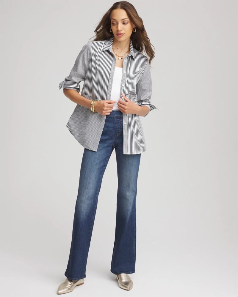 Chicos No Iron Colorblock Striped Shirt - DARKEST SPRUCE