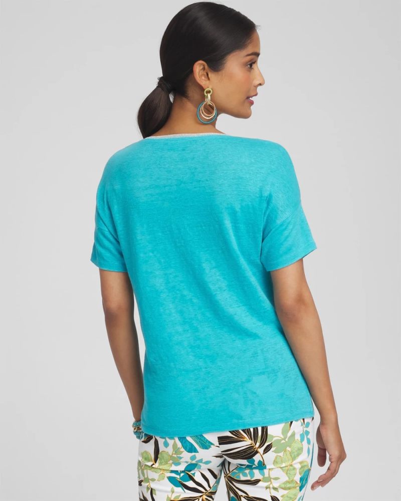 Chicos Linen Sweater Trim Tee - OCEANO