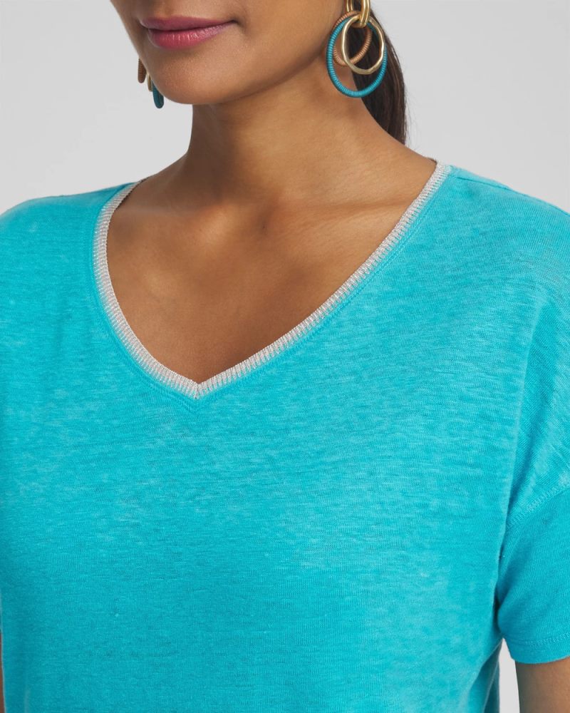 Chicos Linen Sweater Trim Tee - OCEANO