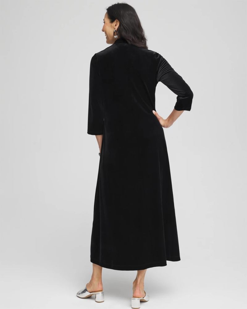 Chicos V-Neck Velour Midi Dress - BLACK
