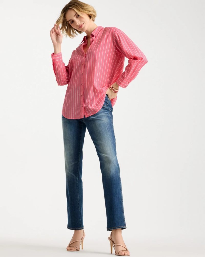 Chicos Cotton Voile Collared Striped Shirt - CALYPSO CORAL