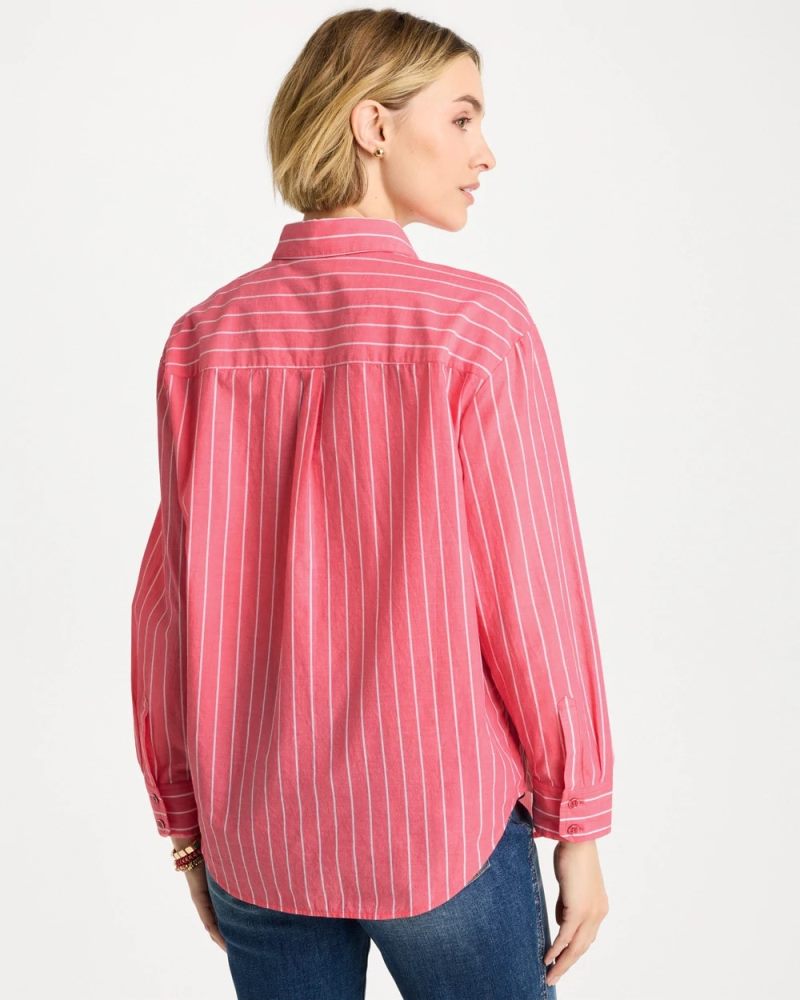 Chicos Cotton Voile Collared Striped Shirt - CALYPSO CORAL
