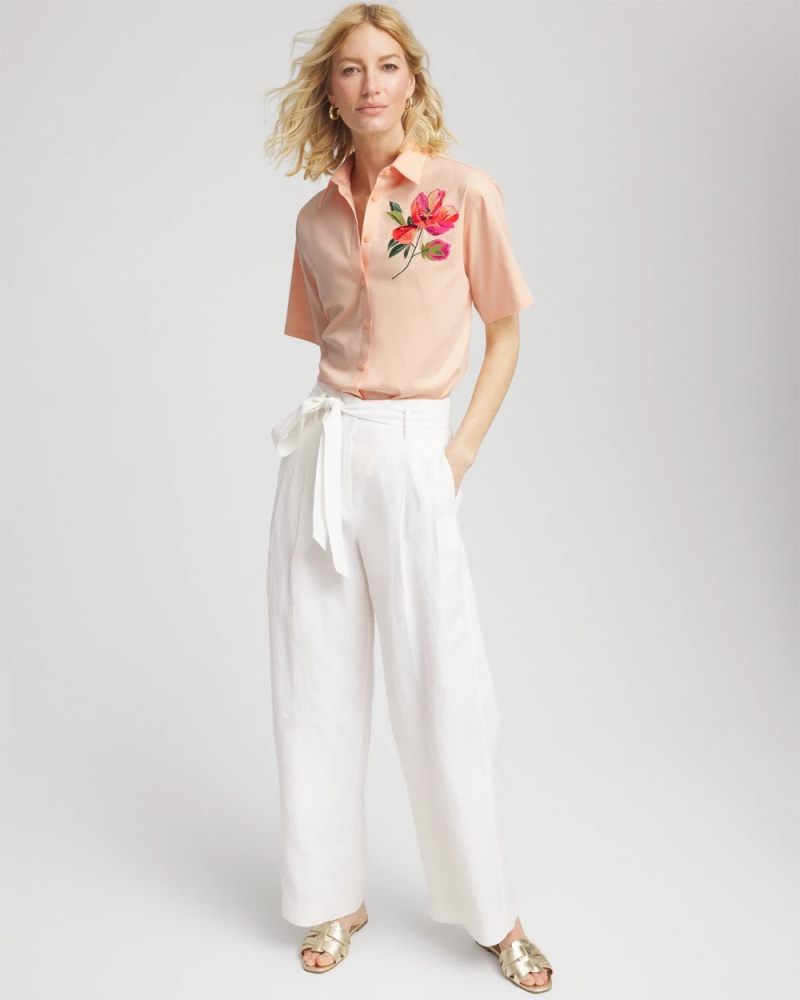 Chicos No Iron Embroidered Floral Short-Sleeve Shirt - SUNSET PEACH