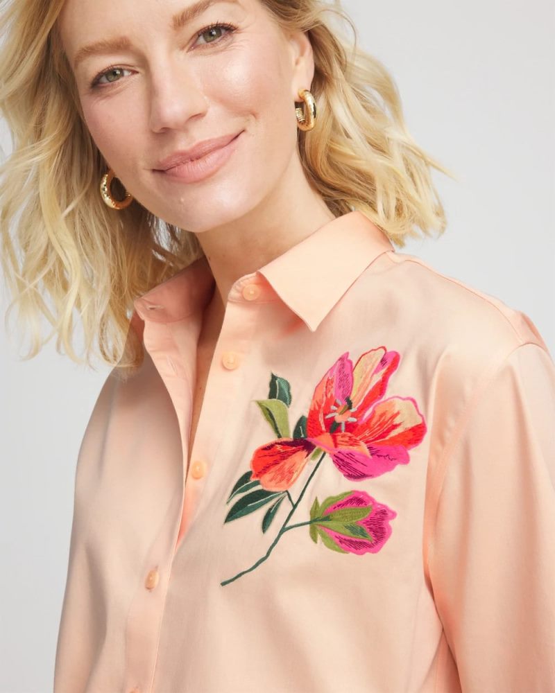 Chicos No Iron Embroidered Floral Short-Sleeve Shirt - SUNSET PEACH