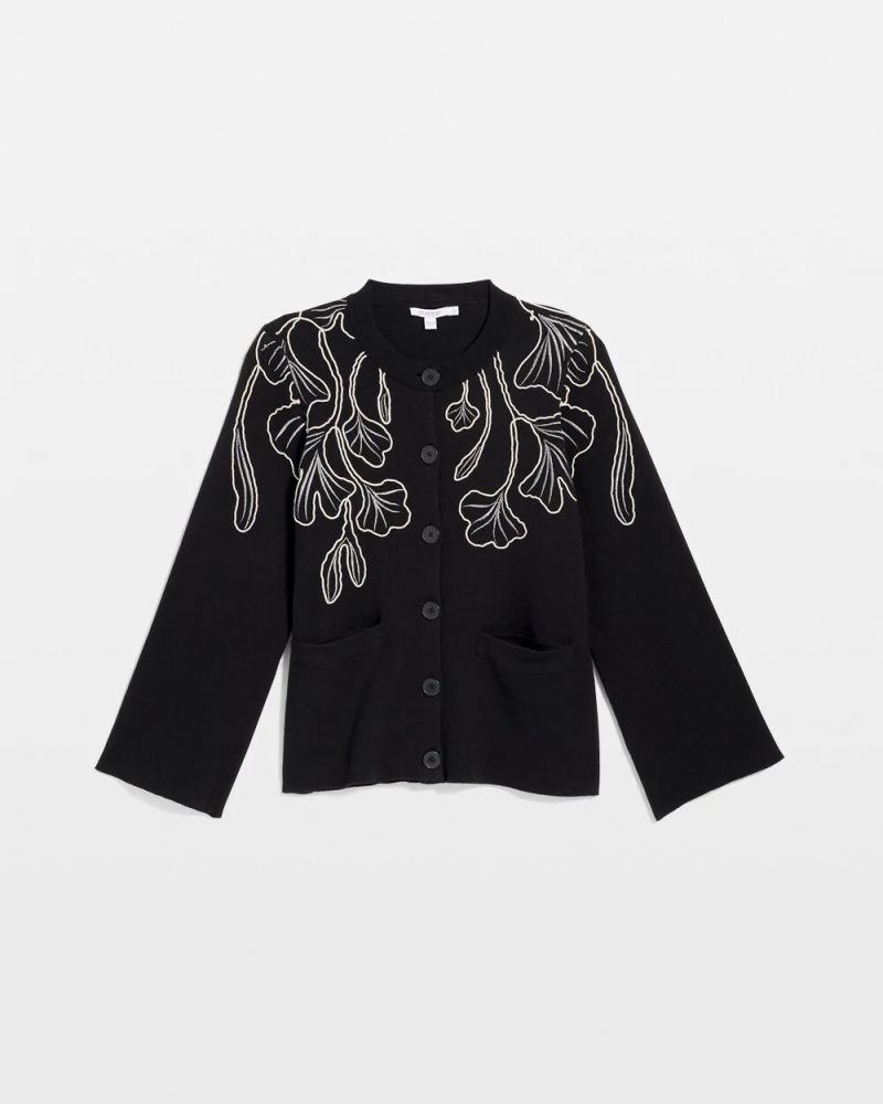Chicos Embroidered Crewneck Cardigan Jacket - BLACK