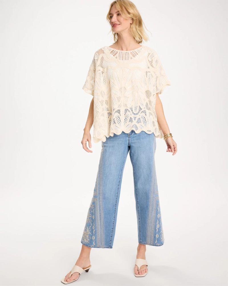 Chicos Woven Cotton-Blend Crochet Lace Poncho - ECRU