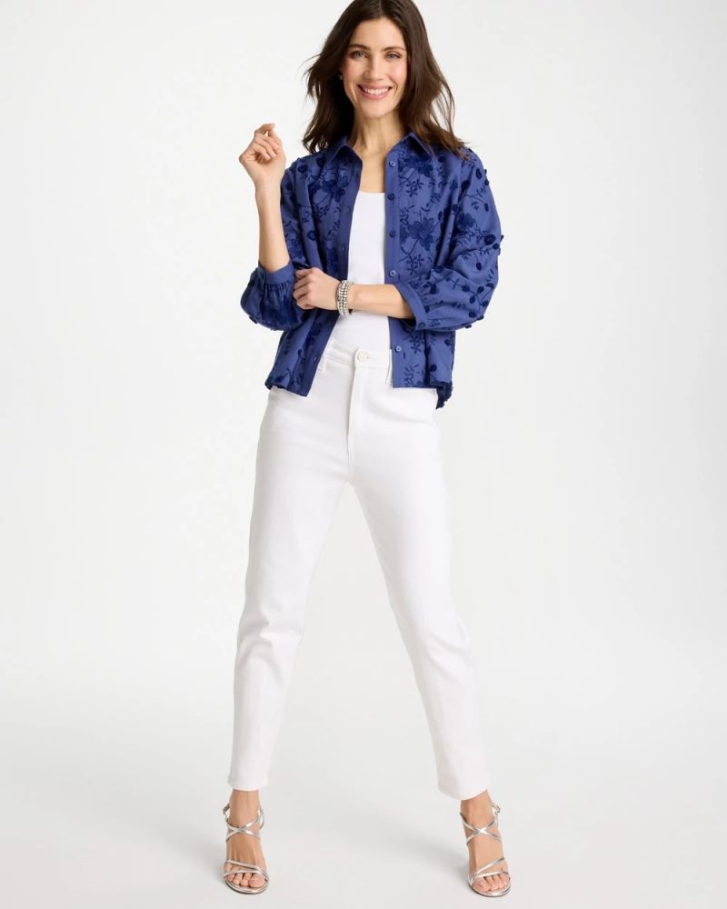 Chicos 3D Floral Embroidered Top - INDIGO