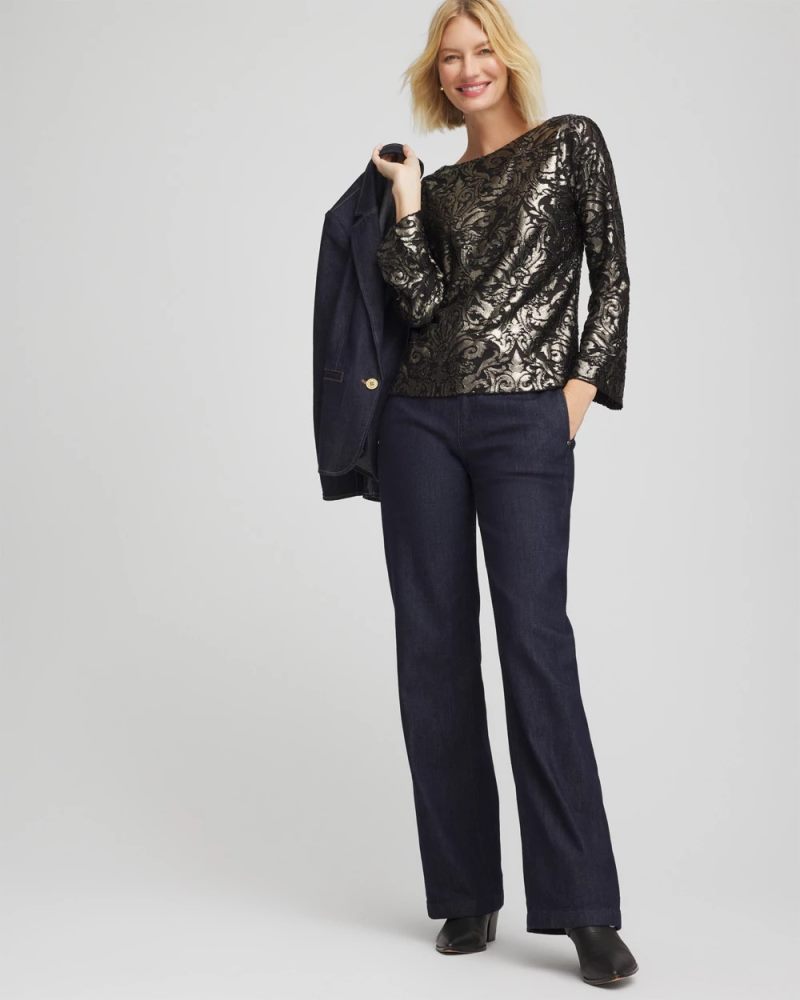 Chicos Art Deco Burnout Jacquard Top - BLACK