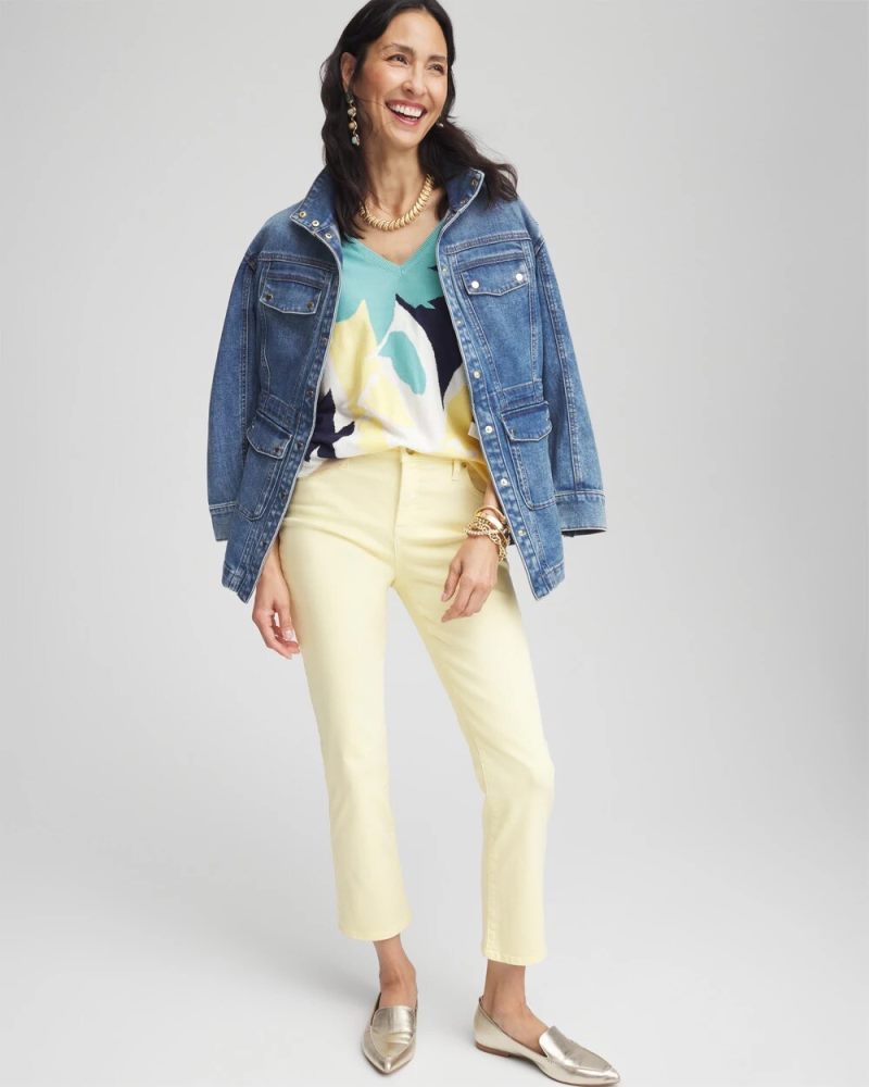 Chicos V-Neck Wildflower Intarsia Pullover - ECRU