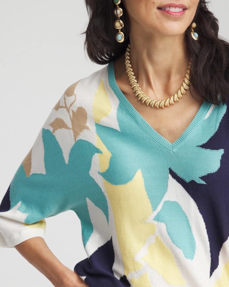 Chicos V-Neck Wildflower Intarsia Pullover - ECRU
