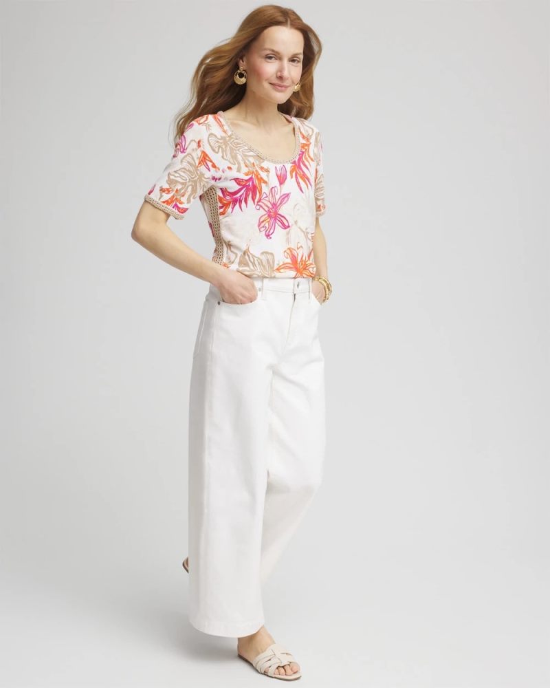 Chicos Floral Print Crochet-Trim Pullover Sweater - ALABASTER