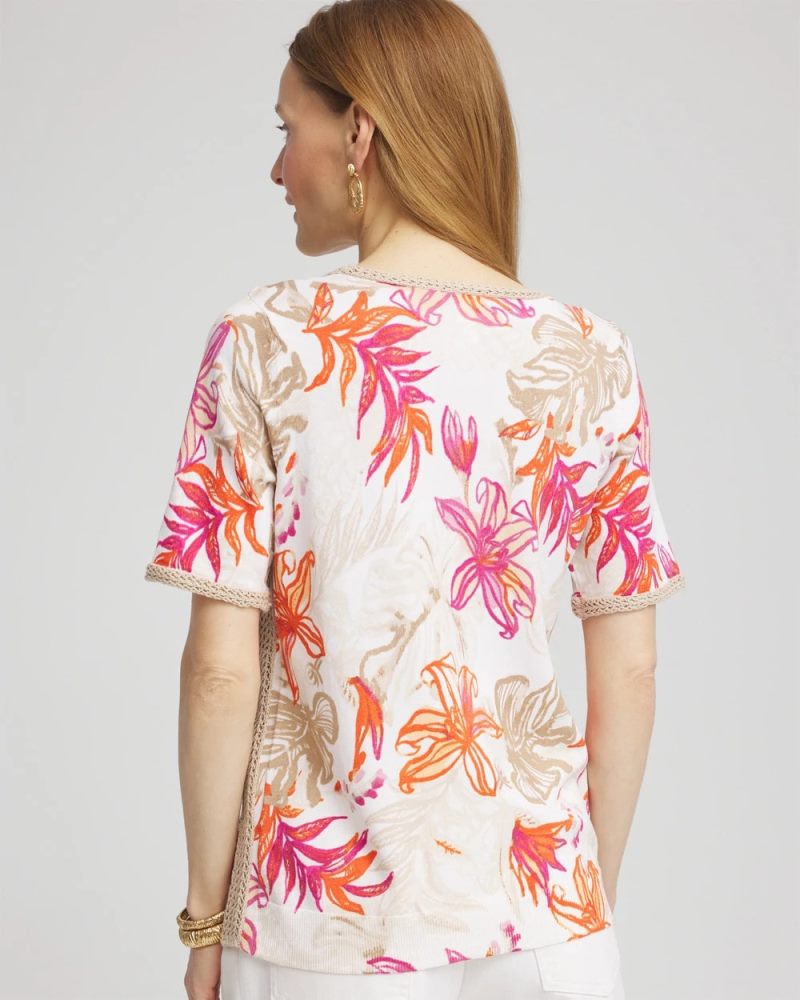 Chicos Floral Print Crochet-Trim Pullover Sweater - ALABASTER