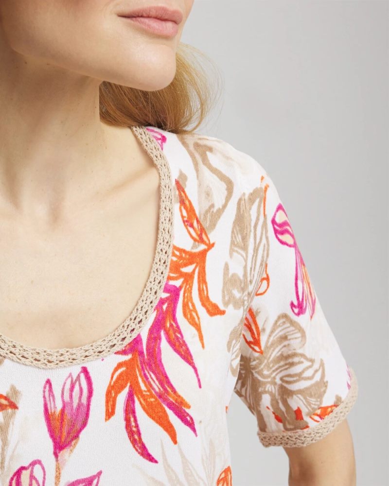 Chicos Floral Print Crochet-Trim Pullover Sweater - ALABASTER