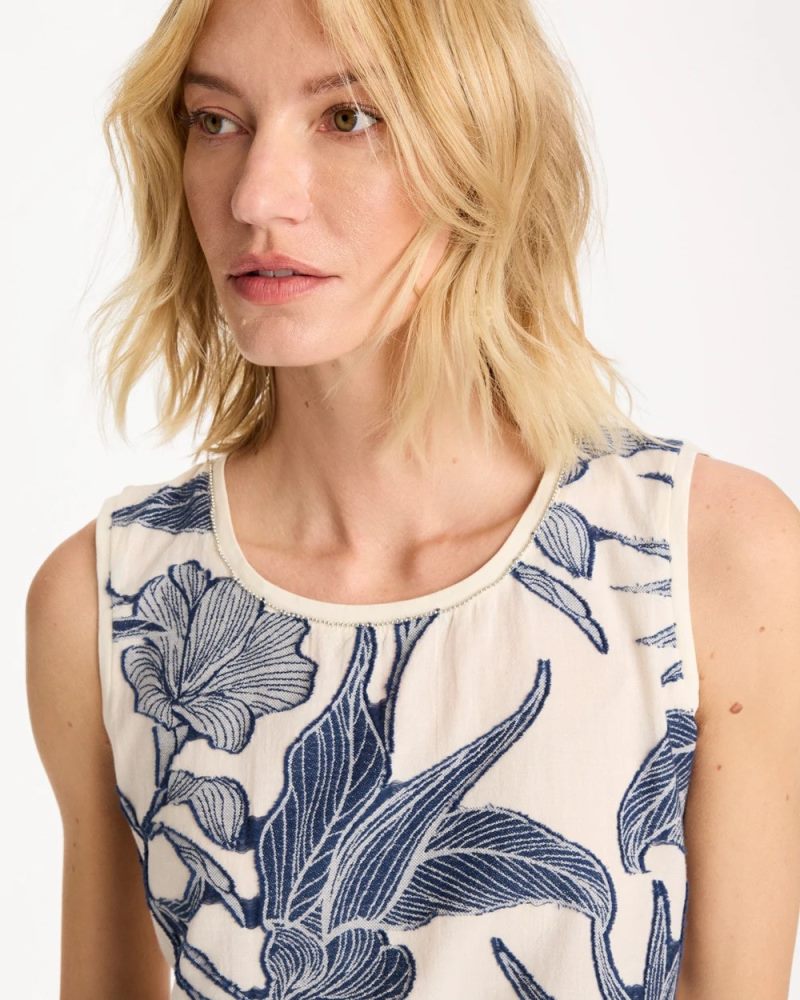 Chicos Caviar Trim Floral Tank - ECRU