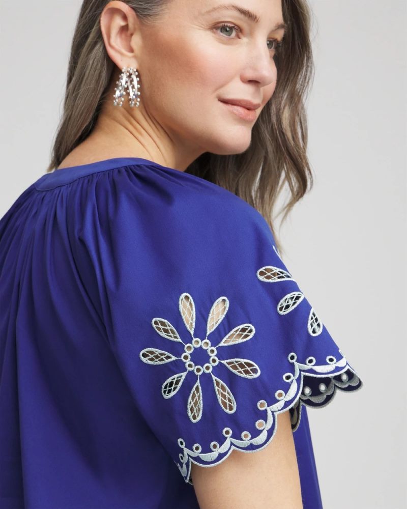 Chicos Embroidered Poplin Popover Dress - BLUE CASA