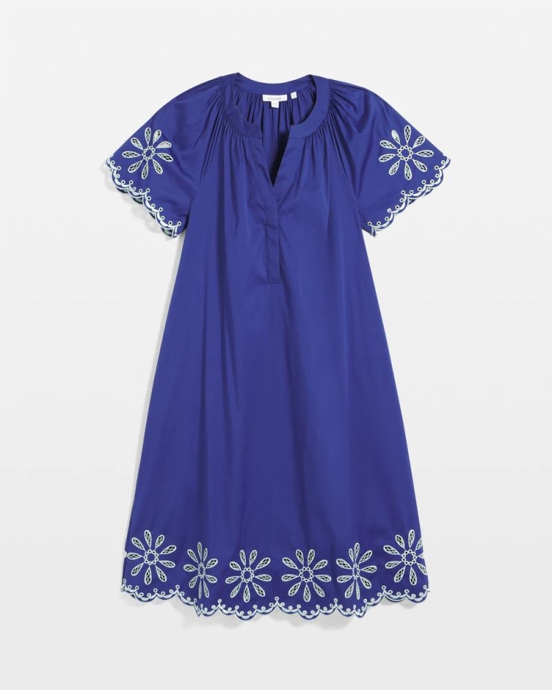 Chicos Embroidered Poplin Popover Dress - BLUE CASA