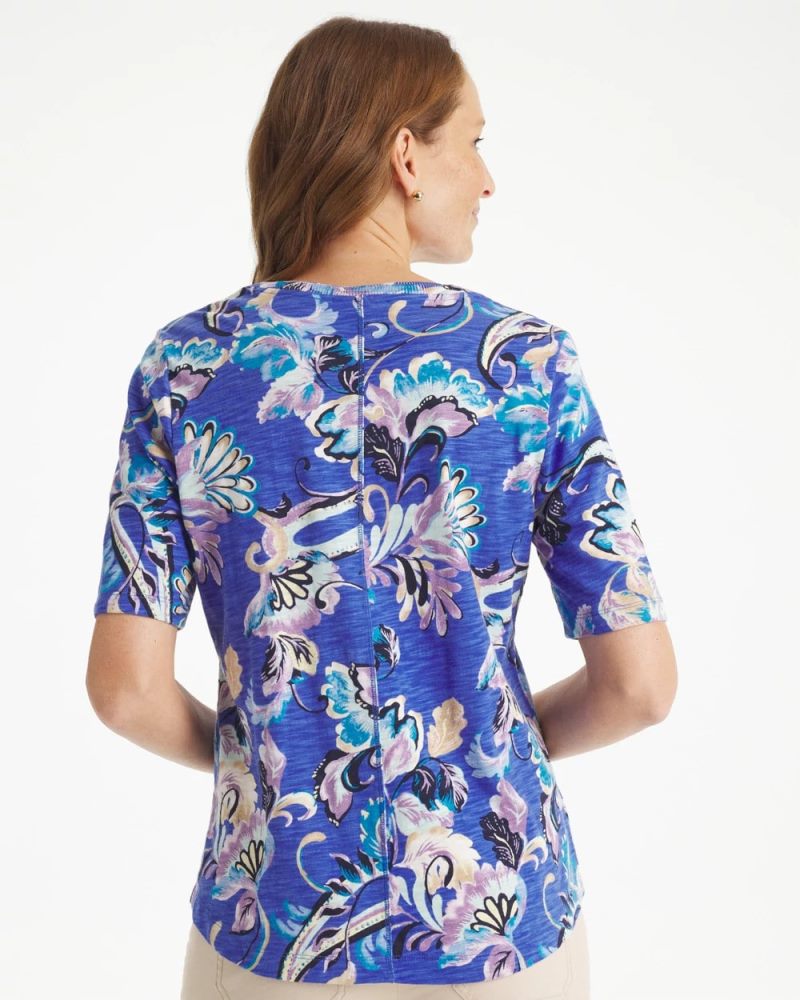 Chicos Paisley Cotton Slub V-Neck Tee - AMPARO BLUE