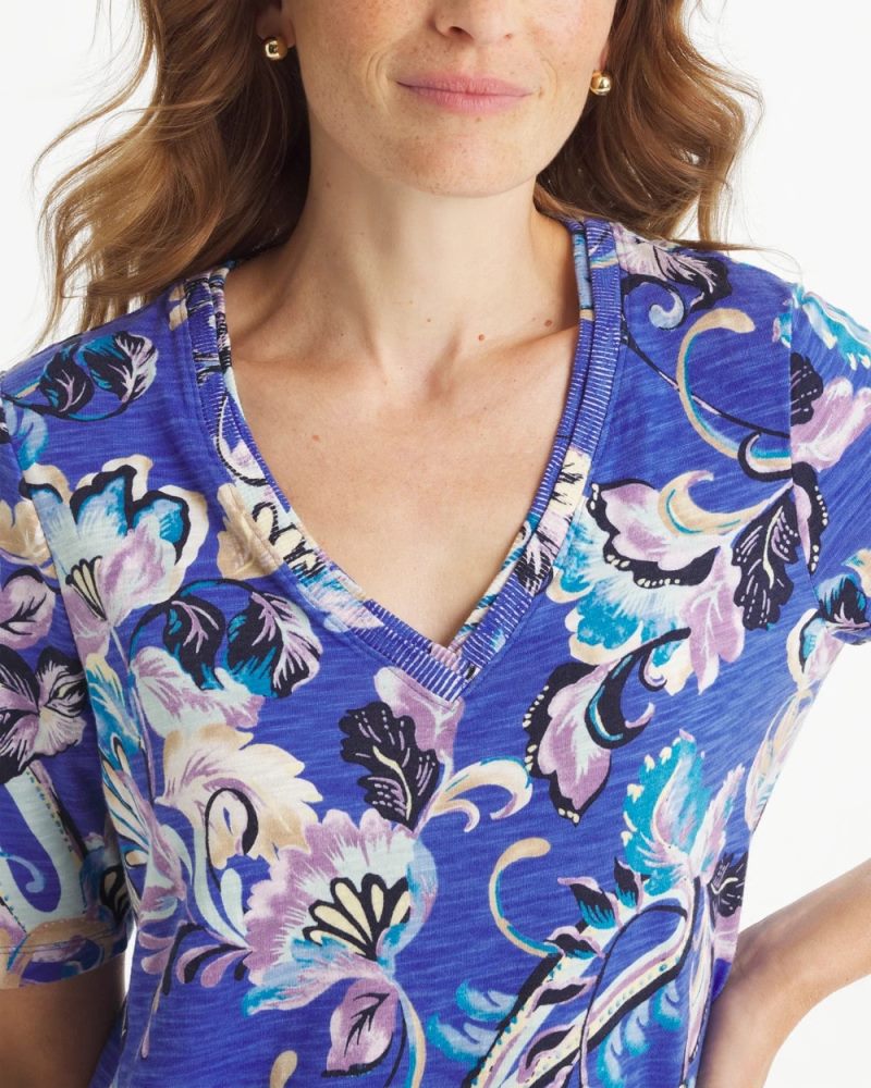 Chicos Paisley Cotton Slub V-Neck Tee - AMPARO BLUE
