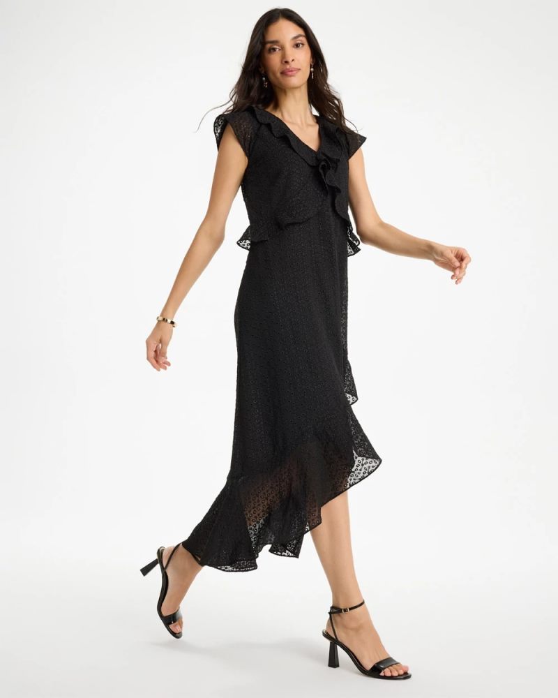 Chicos Floral Surplice Ruffled Dress - BLACK