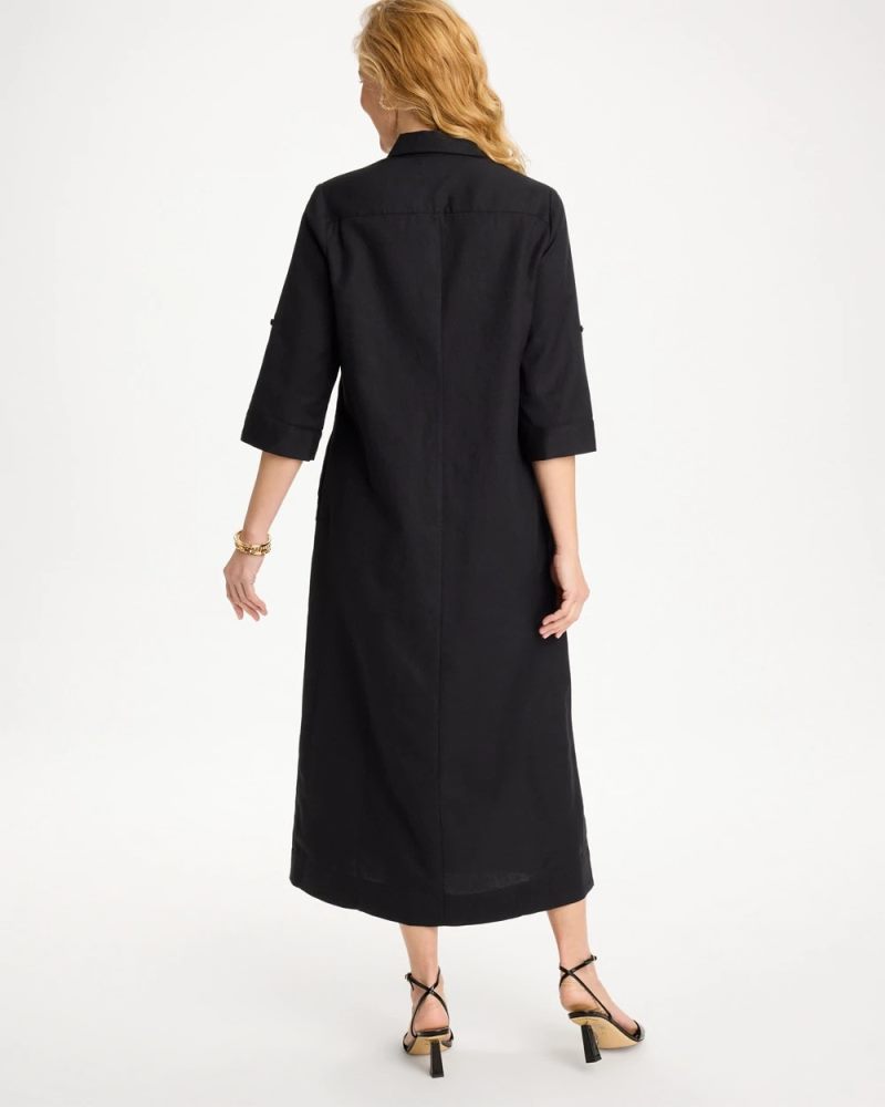 Chicos Embellished Linen-Cotton Shirtdress - BLACK