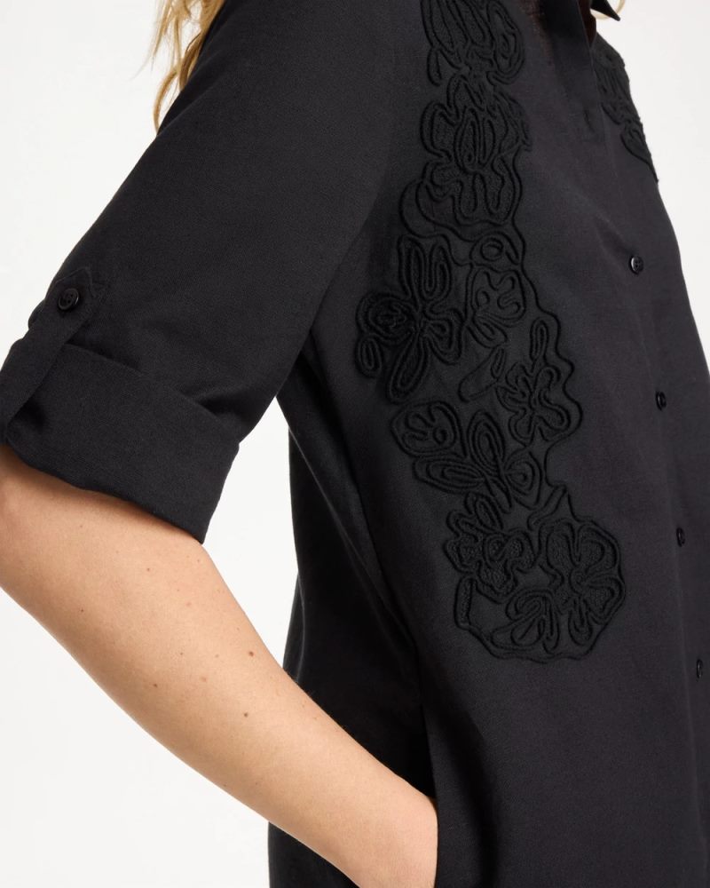 Chicos Embellished Linen-Cotton Shirtdress - BLACK