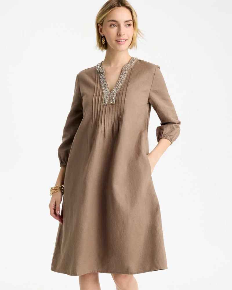 Chicos Linen-Cotton Pintuck Dress - TOPAZ SMOKE