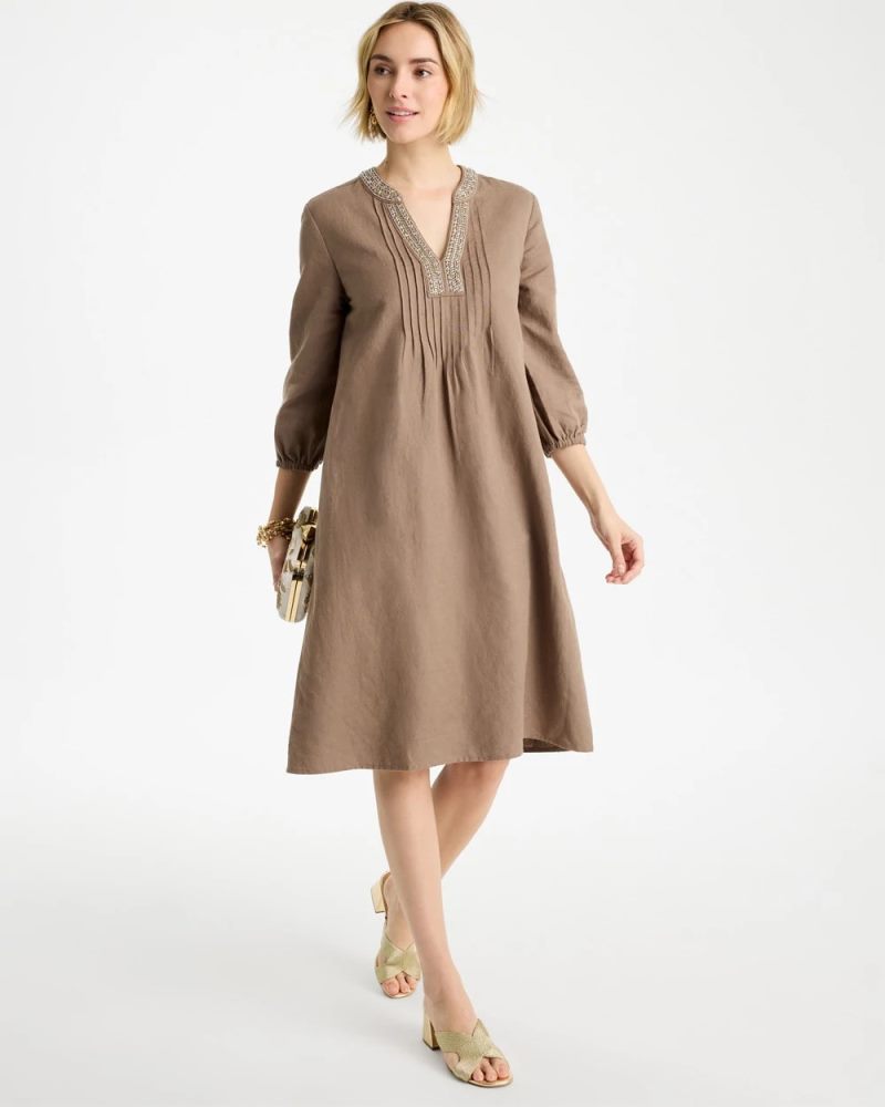 Chicos Linen-Cotton Pintuck Dress - TOPAZ SMOKE