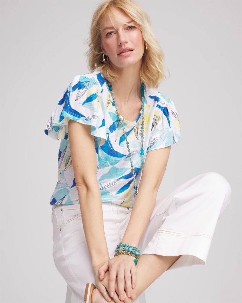 Chicos Linen Smocked Flutter-Sleeved Tee - ALABASTER